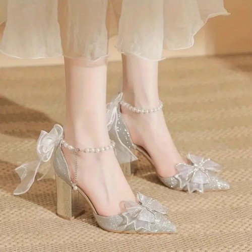 Women Elegant Pointed Toe High Heel Shoes Chunky Heel Glittery Party Formal Wear - Picture 6 of 7