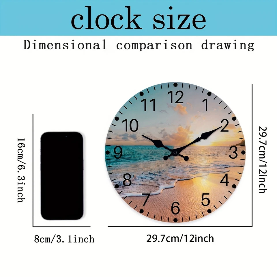 12 Inch Sunset Beach Wooden Wall Clock Silent Quartz Clock No Ticks - Image 3 of 4