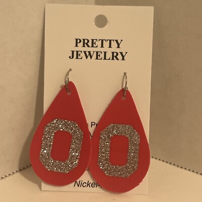 Ohio State Scarlet Red And Gray Block O Teardrop Dangle Pierced Earrings New