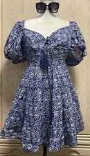 ZARA Printed Short Blue/White A-Line Dress with Balloon Sleeves . Brand New.