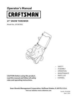 Owner’s Manual Sears Craftsman 21” Snow Thrower- Snow Blower - Model ...