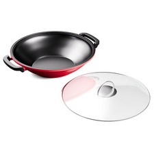Padella Wok con Coperchio 37cm Casseruola per Arrosto Manici Pentole per Arrosto Induzione Cast Iron Rosso
