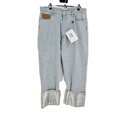 Paco Rabanne Jeans Blue Light Wash Metallic Cuffed Hem Crop Denim NWT Size 40