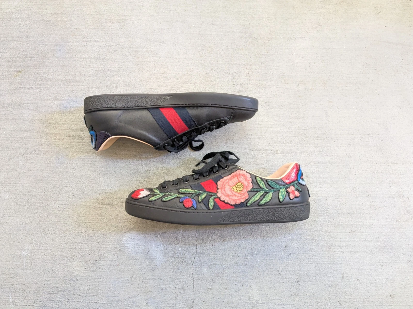 Gucci Ace Baskets Noir Homme 8,5 Cuir Fleur Brodé Chaussures Italie 440659