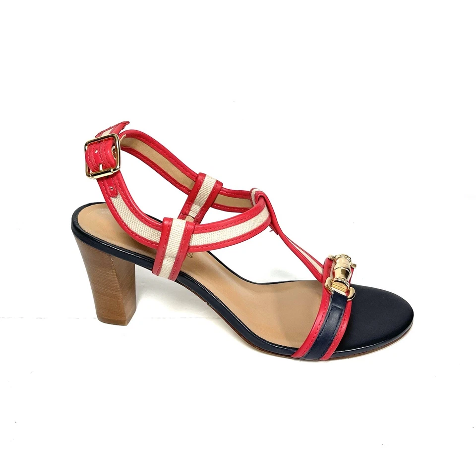 Sandalias de tacón Talbots para mujer correa al tobillo cuero azul/rojo talla 7,5 B nuevas Foto 3 de 4