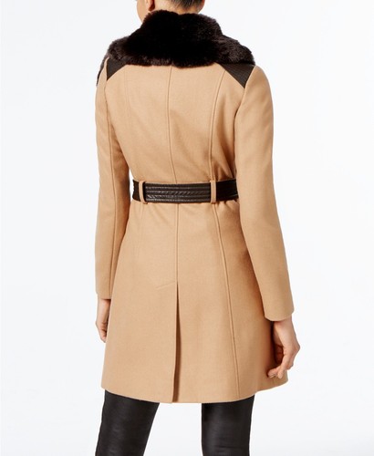 NEW VIA SPIGA $400 CAMEL FAUX FUR COLLAR WOOL BLEND BELTED WALKER COAT SZ  12 | eBay