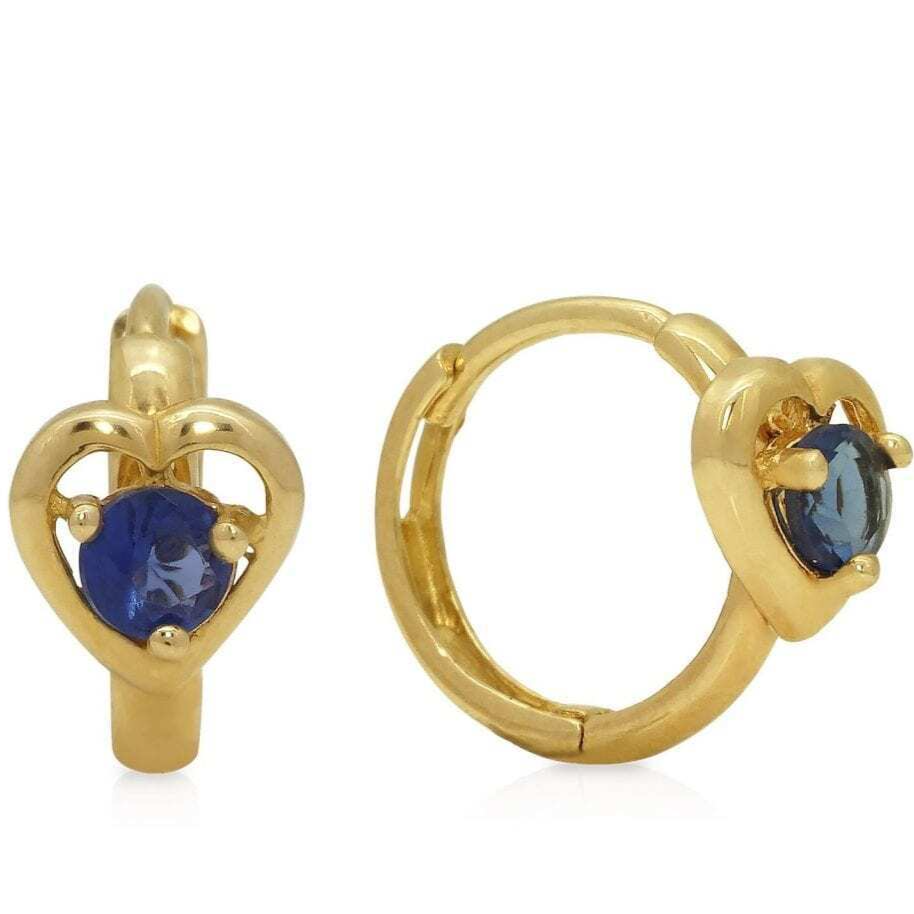 14K Yellow Gold Heart Blue Simulated Sapphire Huggie Hoop Earrings 10mm