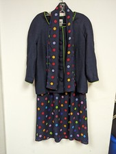 Vintage Leslie Fay Skirt Jacket Suit Set 14 Skirt Navy Blue Colorful Polka Dot