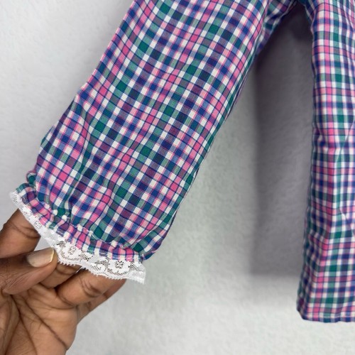 Health-tex Shirt Girls Size 4 Pink Blue Plaid VTG Lace Button Peter Pan Collar - Picture 3 of 6