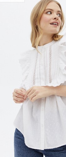 NEW LOOK White Embroidered Lace Frill Yoke 3/4 Sleeve Shirt Top UK10 EU38 - Picture 9 of 12