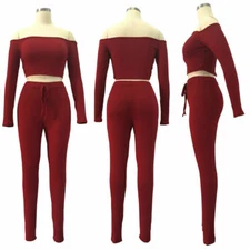 Women  Off Shoulder 2 Piece Jumpsuit Long Sleeve Slash Neck Casual Skinny Romper