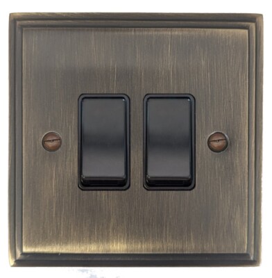 G&H VAB2B Victorian Plate Antique Brass 2 Gang 1 or 2 Way Rocker Light Switch