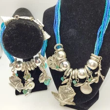 Jewelry Set Necklace Bracelet Multi Charm Blue Silvertone Beach Theme Sea