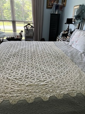 Vintage Hand Crocheted Tablecloth/Coverlet 55  x 74  Shabby Chic Farmhouse 