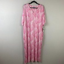 Tommy Bahama Jersey Short-Sleeve Maxi Sleep Caftan Size L/XL Pink White Pockets