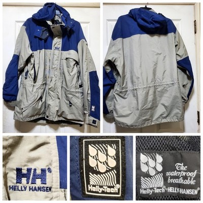 Helly Hansen Jacket Men Large Beige Blue Helly Tech Waterproof Hooded Rain Parka