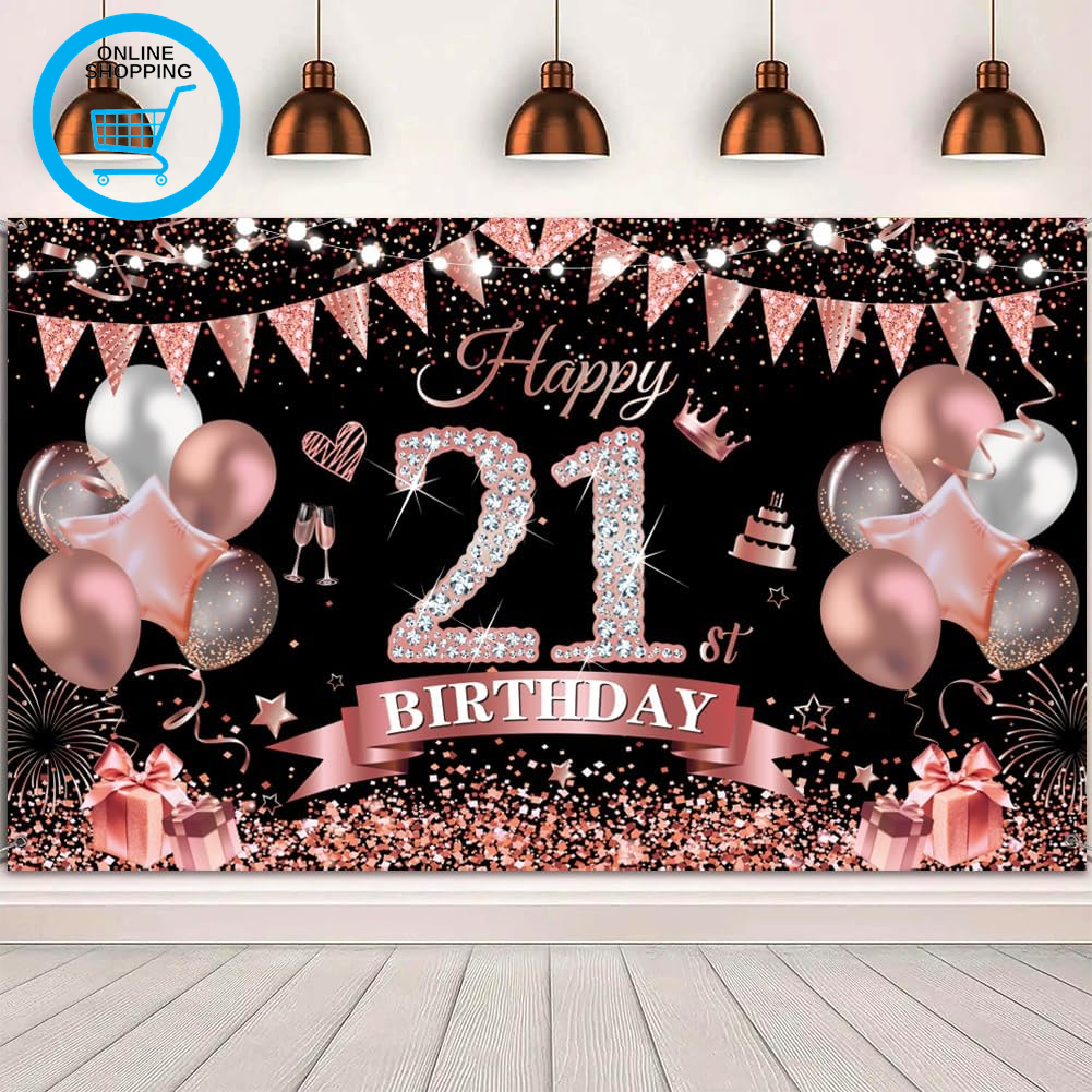Happy 21St Birthday Banner - Black Rose Backdrop 180 * 110Cm for Girls and Women