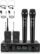 Lapel Wireless Microphone System with Headset & Lavalier Mics, 4 Channel UHF Met