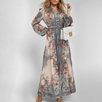 2026 Women Retro V-Neck Long Sleeve Floral Print Dress Swing Style