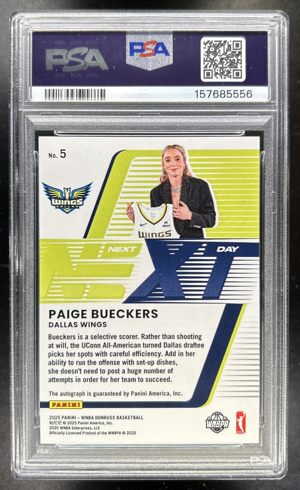 2025 Panini Donruss WNBA Paige Bueckers Next Day Auto Rookie RC #5 Wings PSA 10 view 2