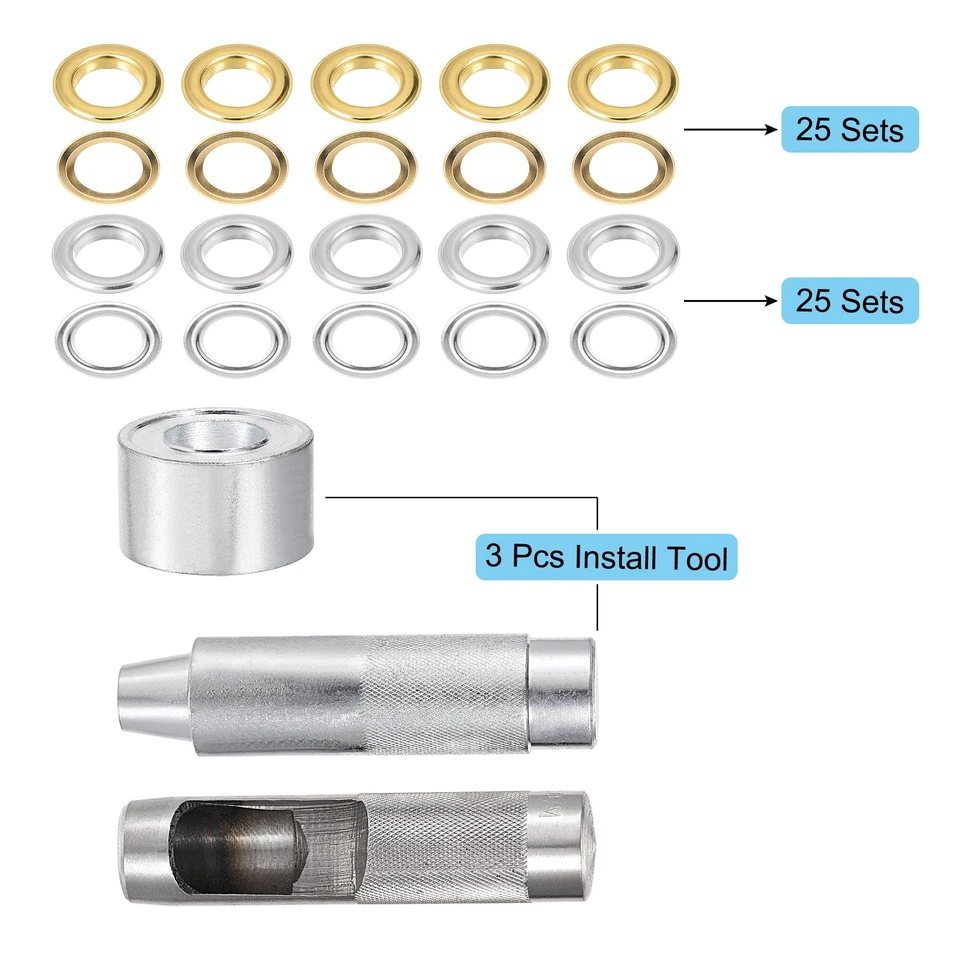 Juego de 50 ojales Kit de herramientas Ojales de cobre de 3/4" Ojales con herramienta de instalación de 3 piezas Foto 2 de 4