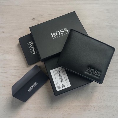 Neue Hugo Boss Asolo schwarze Echtleder Geldbörse für Bankkarte, Scheine und Münzen