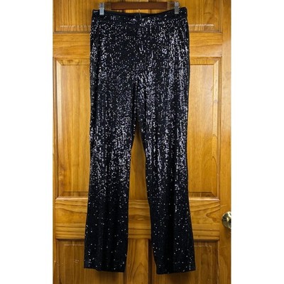 Express Womens Black Sequin High Waisted Straight Leg Pants Sparkly Disco Party