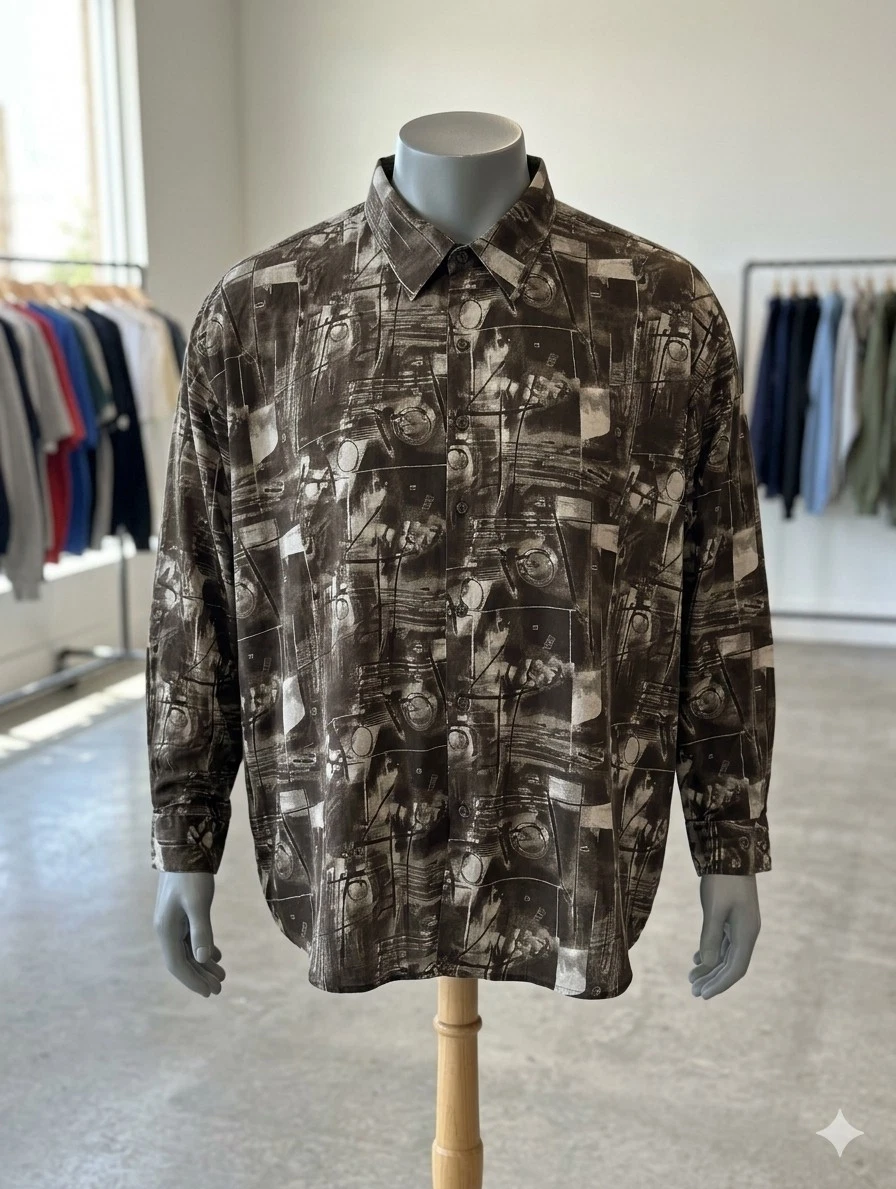VTG Smokey Joes Jazz Shirt Mens 4XL Peach Skin Lounge Cigar Club Brown AOP