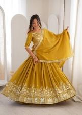 Mustard Yellow Lehenga Choli Set Embroidered Wedding Dupatta Unstitch Blouse Set