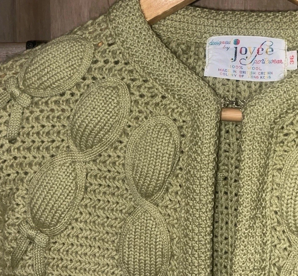 Vintage 60s Joyce 100% Wool Knit Cardigan Women’s S (36) Hong Kong Sage Green - Image 3 of 4
