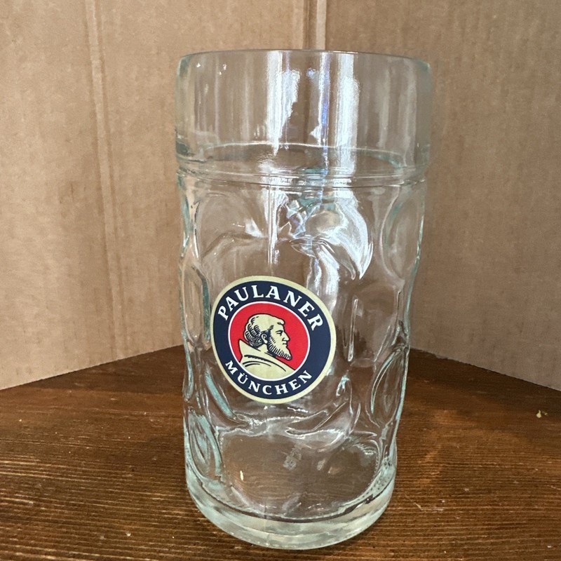 PAULANER MUNCHEN 1 Liter Dimpled German Munich Beer Stein Glass Mug Excellent
