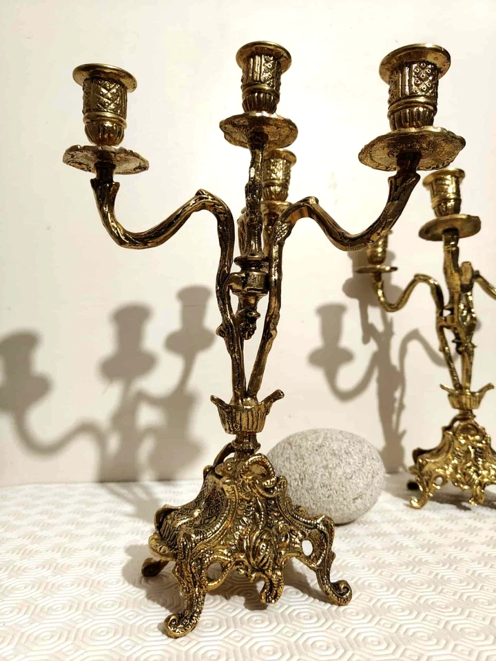 paire de chandeliers ancien en bronze doré 5 branches vintage - Photo 2/4