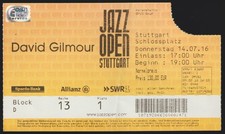 Rare TICKET Konzertkarte DAVID GILMOUR Tour 2016 JAZZ OPEN Stuttgart PINK FLOYD