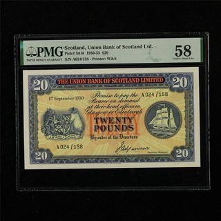 1950 53 Scotland Union Bank of Scotland Ltd 20 libras Pick #S818 PMG 58 UNC