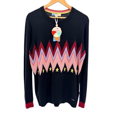 Ted Baker Rossino Novelty Knit Jumper Black Wool Cashmere Stars Chevron NWT 4 10