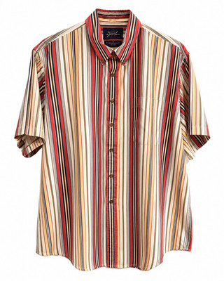 The Arrow Company XL Striped Button Down Shirt Red Blue Tan Short Sleeve Poly Co