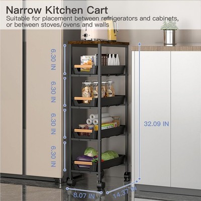 Solcasaco 5 Tier Slim Rolling Storage Cart Wood Top Narrow Laundry Room