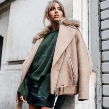 H&m Camel Twill Wool Blend Mix Fur Collar Biker Jacket Belted Uk 6 - 8 / 34