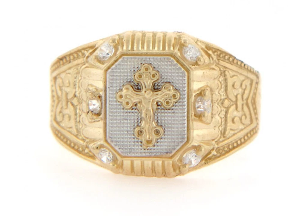 10k or 14k Two Tone Gold Crucifix CZ Fancy Religious Mens Ring - Image 2 of 4