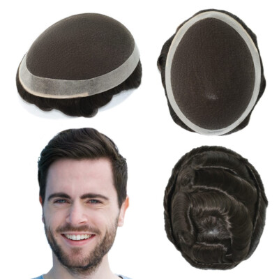 Mens Human Hair Replacement System French Lace Toupee Dark Brown Hair Piece#2