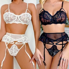 Sexy Lingerie Womens Sleepwear Lace Bra and Panty With Garter Belt Set Nightwear