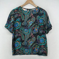 TESS Top S Paisley Short Sleeve Blouse Keyhole Back Boho Peasant Woven Blue Vtg