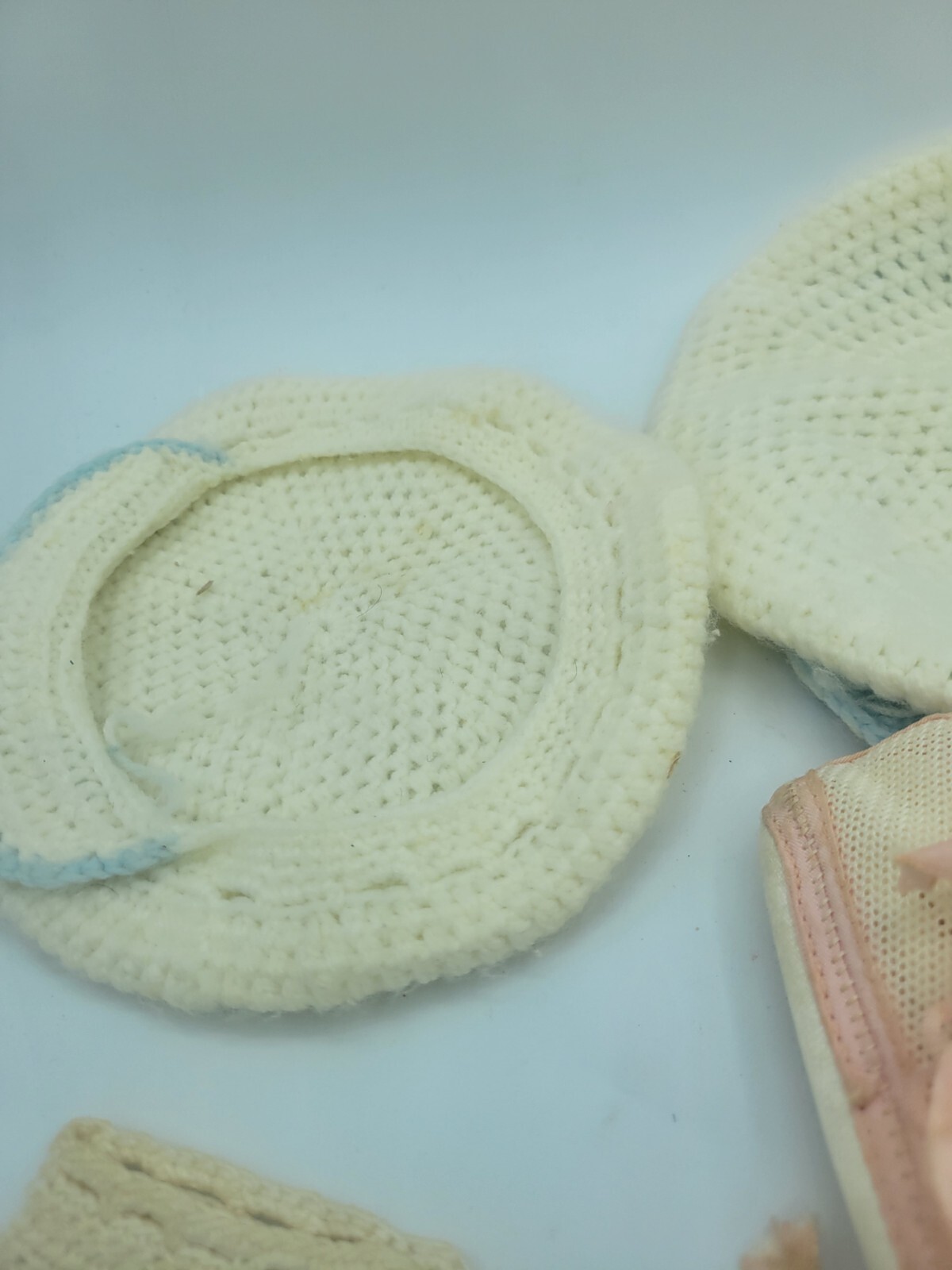 Antique Baby Clothes Crocheted Knotted Pair Booties , Bib And Hat