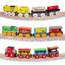 unpainted wooden trains
