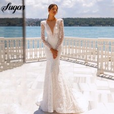 Lace Mermaid WeddingDress LongSleeves Lace Applique V Neck BridalGown Backless