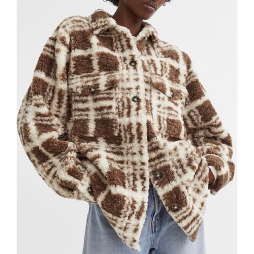 H&M Oversized Checkered Button Up Shacket Shirt Jacket Fleece Outdoor Sherpa XS - Picture 2 of 10