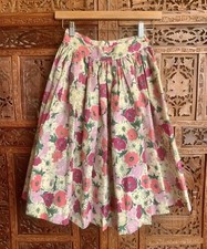 Vintage 50s Pink Circle Skirt Cotton Floral Print Flowers Pinup Rockabilly