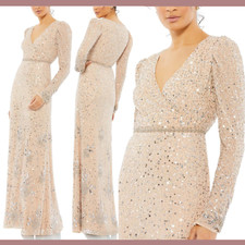 NEW $598 Mac Duggal [ 10 ] Sequin Floral Embellished Long Sleeve Gown Nude #Q662