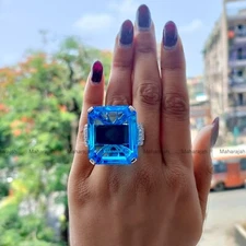 Blue Simulated 82.25CT Tanzanite & White CZ Art Deco Style Woman Ring