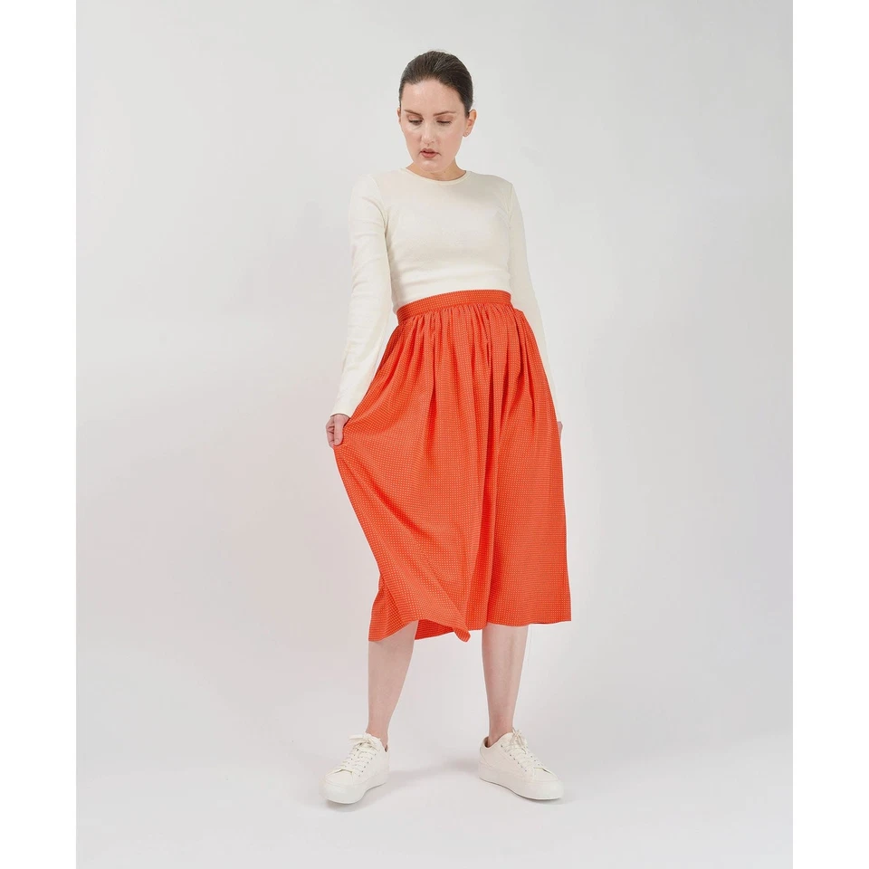 Falda Midi Vintage Años 80 Naranja Lunares Sedosa Completa Fluida Longitud con Bolsillos S Foto 4 de 4